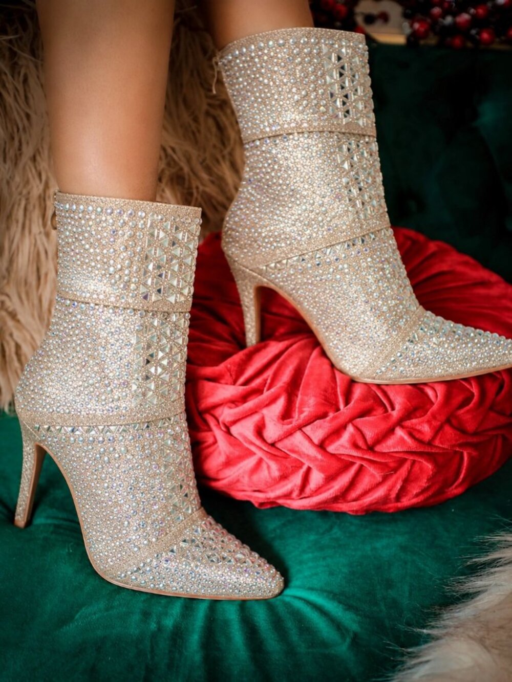 NEW🔥 Bling Gold Glitter Rhinestone Embellished Ankle Booties Boot Stiletto Heel - Picture 1 of 5